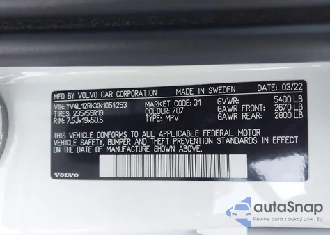 2022 Volvo Xc60 B5 Momentum from USA, damaged, VIN YV4L12RKXN1054253